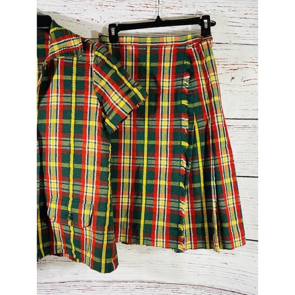 Vintage Plaid Jacket Skirt Set Handmade 1960s or 1970s Retro Green Red Yellow - Picture 10 of 14